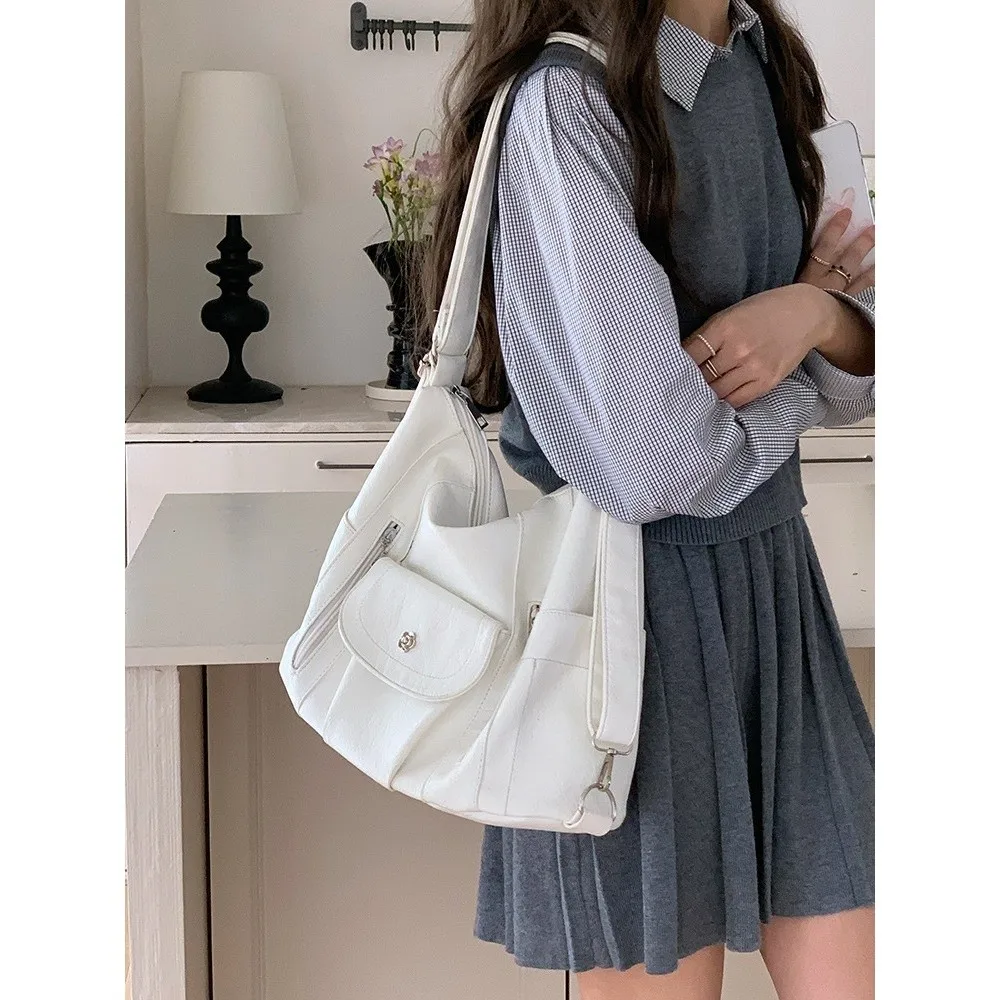 

Fashion Soft Leather Tote Bag PU White Shoulder Bag Large Capacity Crossbody Bag Women