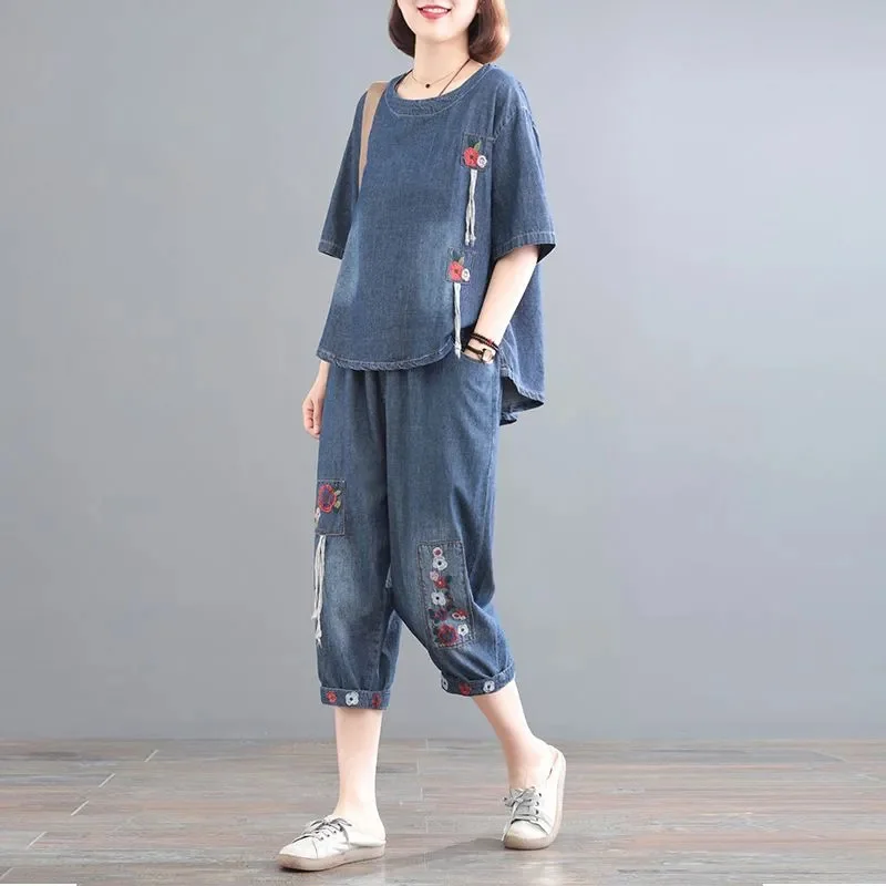 Women Denim Set Female Jeans Two Piece Set 2025 New Spring Summer Thin Korean Loose Cowboy Pants 2 Piece Set Large Size 2PCS