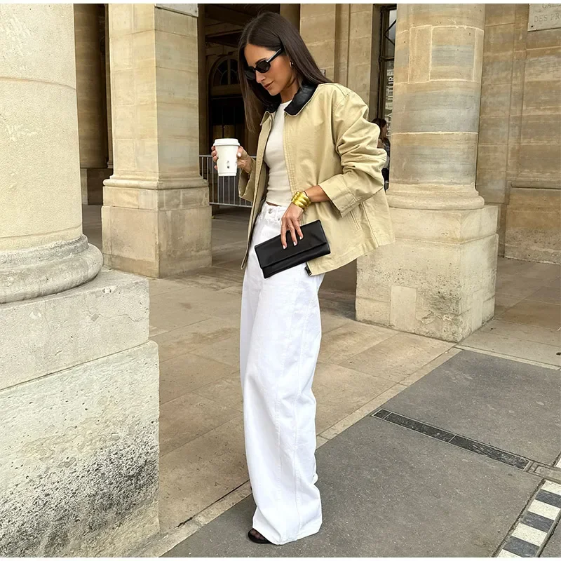 Cross border europeo e americano 2025 Autunno Nuovo prodotto Colletto in pelle PU allentata da donna Splicing Moda casual Top versatile