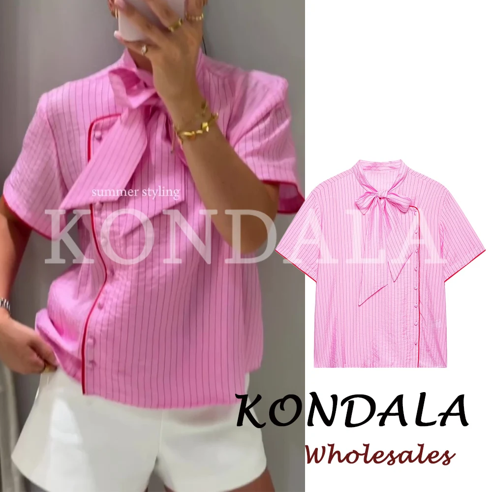 KONDALA Chic T-shirt Rayé Rose Décontracté Tendance 2026 Femme Nœud Streetwear Vintage Ample Manches Courtes Haut de Vacances Féminin