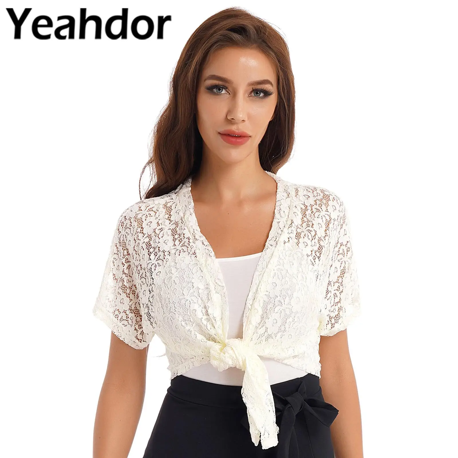 Womens Elegant Shawls Wraps Hollow Out Lace Cardigan Bridal Bolero Jacket Short Sleeve Lace-up Summer Beachwear Cover Ups