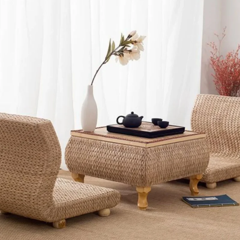 Japanese Rattan Tatami Table Balcony Bay Window Small End Table Low Coffee Table Bedroom Floor Square Table Futon Cushion