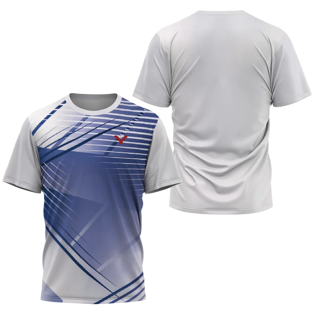 T-shirt de badminton manga curta masculina com fragmento estampado, marca de luxo, camiseta tênis de mesa, verão