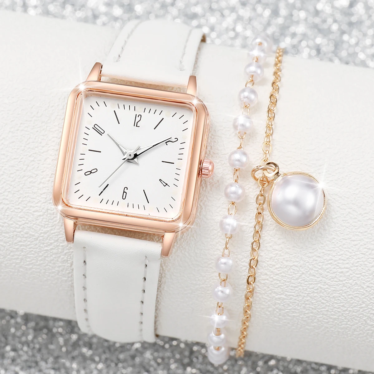 2PCS/set Fashion White Leather Strap Square Quartz Watch with Pearl Bracelet for Women