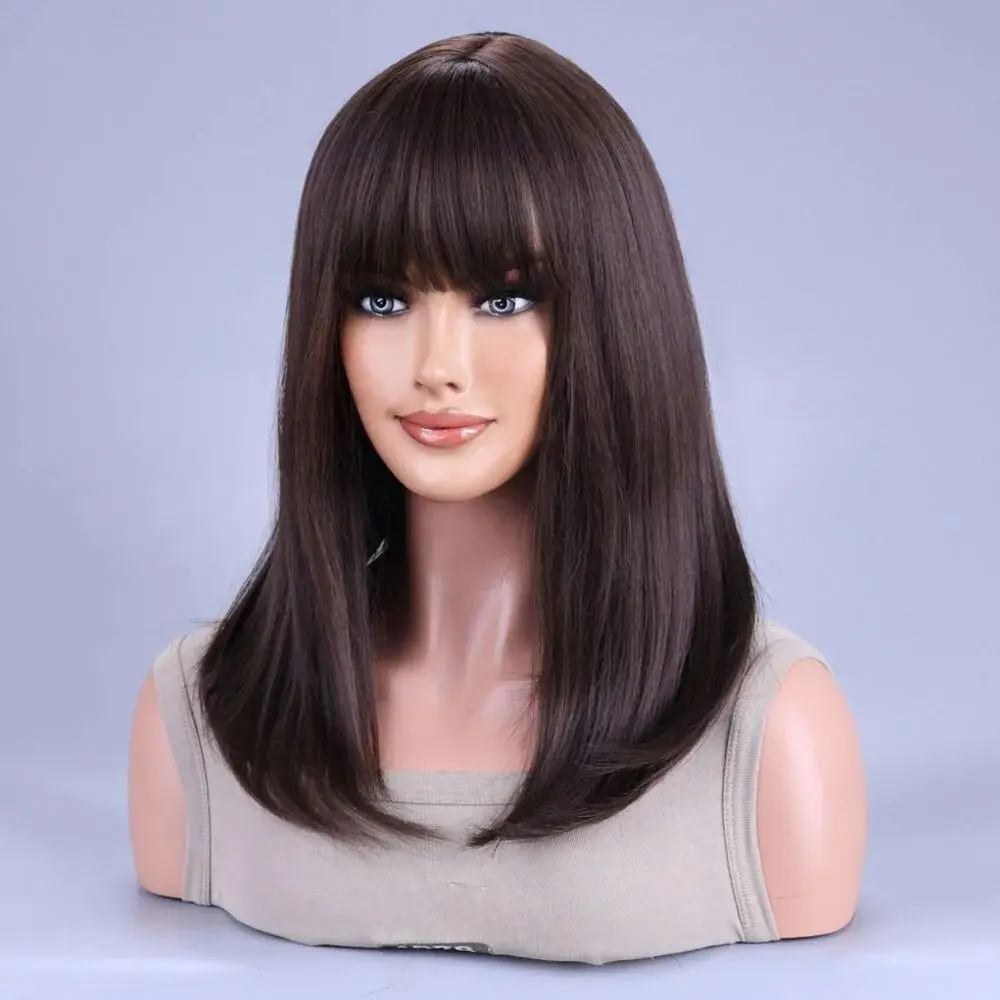 Bla Brown Middle Long Straight Synthetic Wig with Bangs Casual Ele Women's Hairpiece for Autumn Season