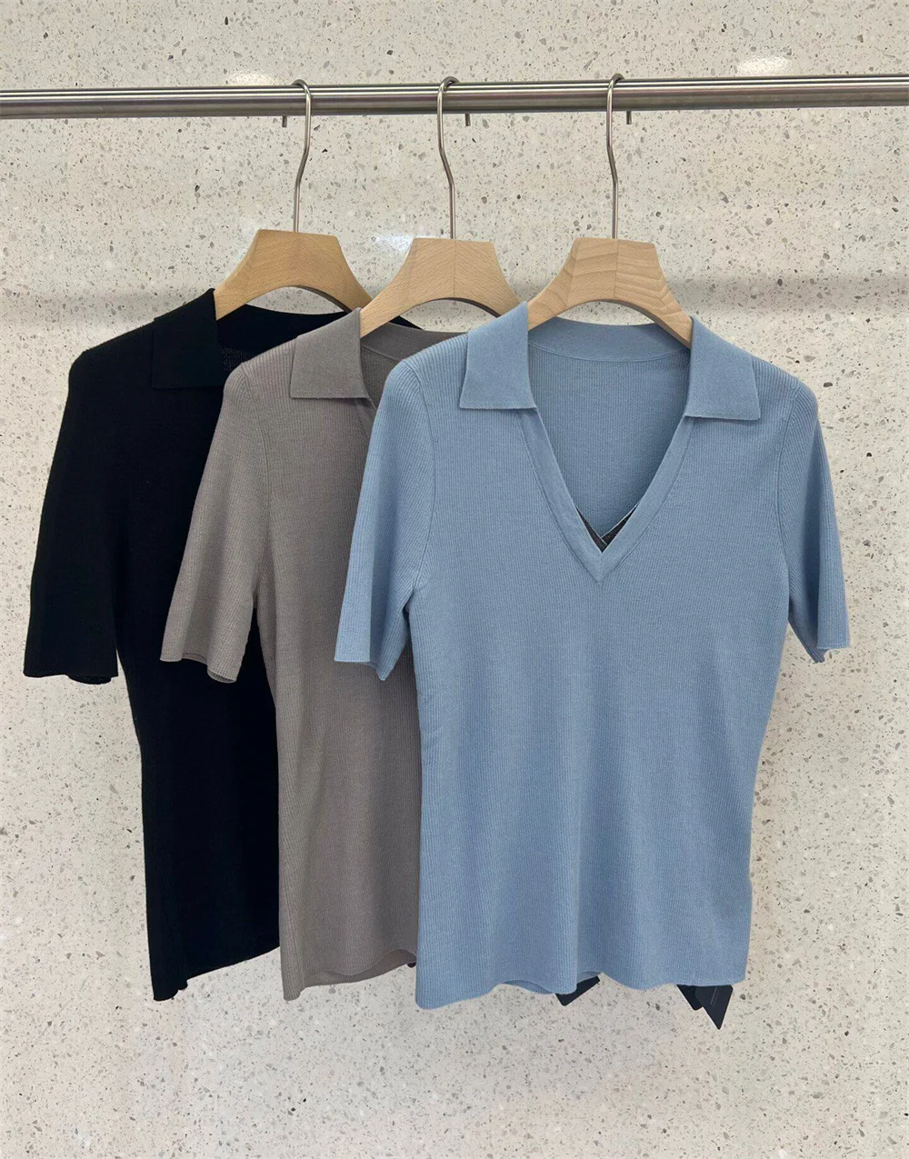V-Neck Short-Sleeve Beads Knit Top For Women