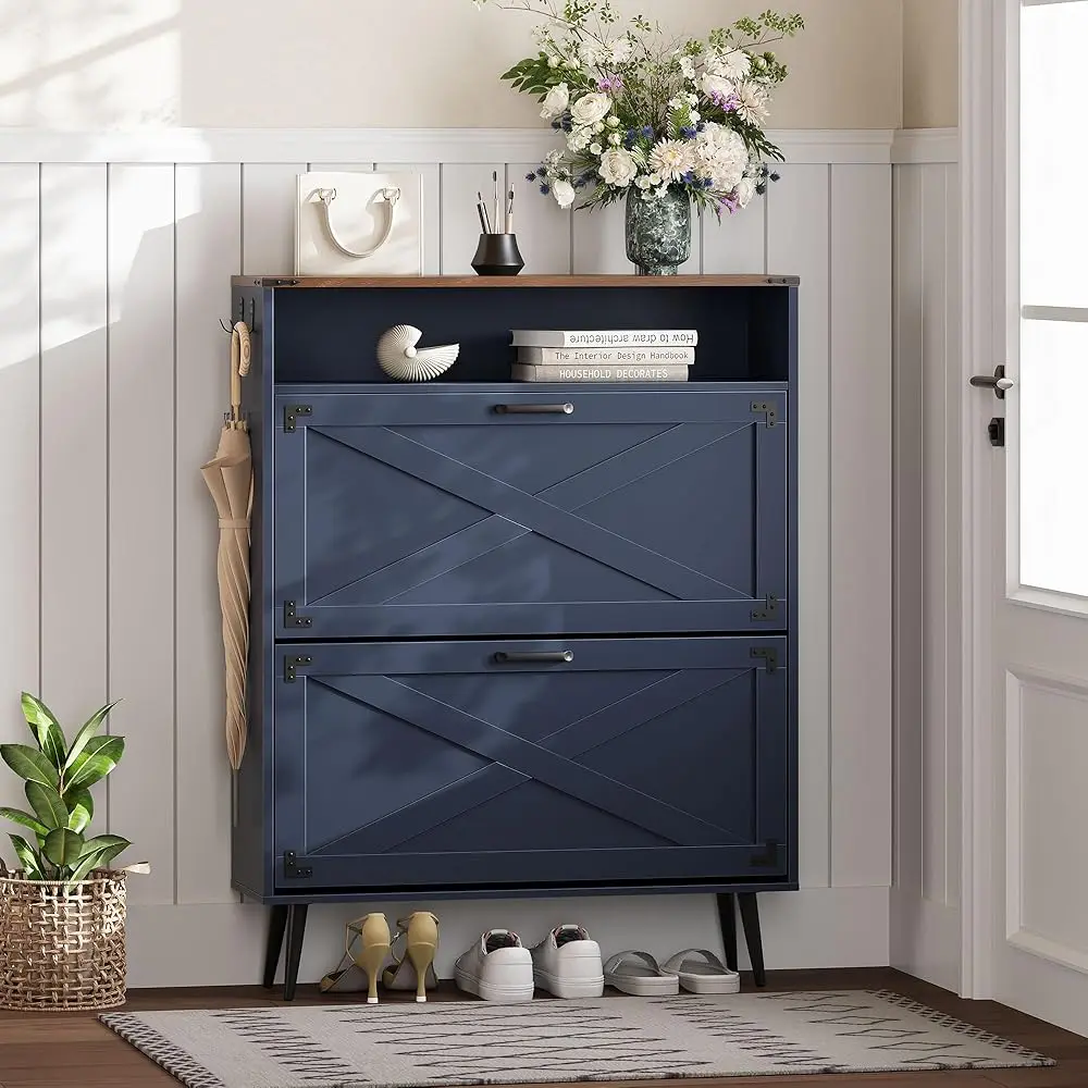 Shoe Storage Cabinet With 2 Flip Drawers Narrow Shoe Ra Cabinet Farmhouse Design Freestanding Shoe Organizer With Open Storage