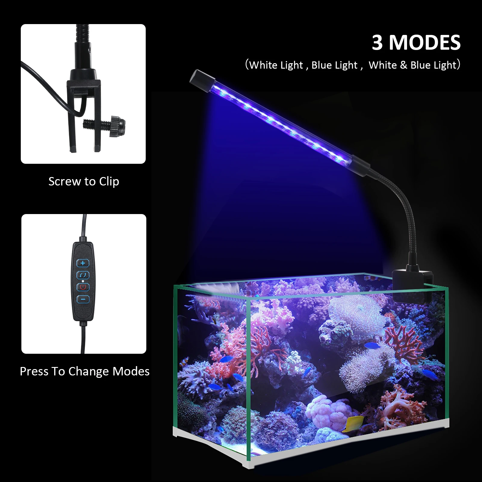 7W 18 LED Aquarium Light Fish Jar Clamp Clip View Lamp USB 3 Lighting Colors Changeable 10 Levels Adjustable Brightness Dimmable