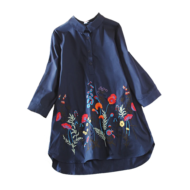 Women\'s Spring Summer Navy Blue Flower Embroidery Long Shirt Female Vintage Loose Casual Plus Size Cotton Shirt Blouse TB720