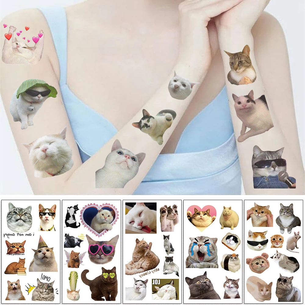 10pcs Cute Animal Cat Tattoo Stickers Funny MEME Waterproof Temporary Tattoo Decals Toys for Boy Girl Birthday Party Decoration