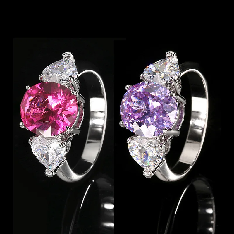 

Luxury Adjustable Oval Pink Purple Sapphire Ring with Heart Cut White Zircon Engagement Ring Women Wedding Party Jewelry Gift