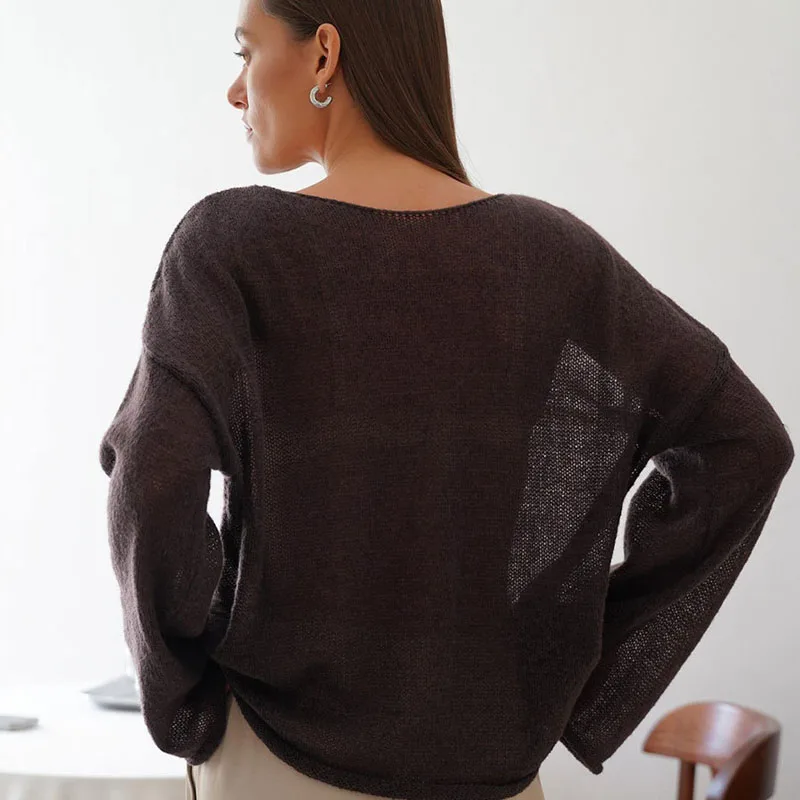 Pull Amissié Blanc et Marron pour Femme, Vêtement Sexy, Épicé, Col Rond, Manches Évasées, Printemps Été, MY0106