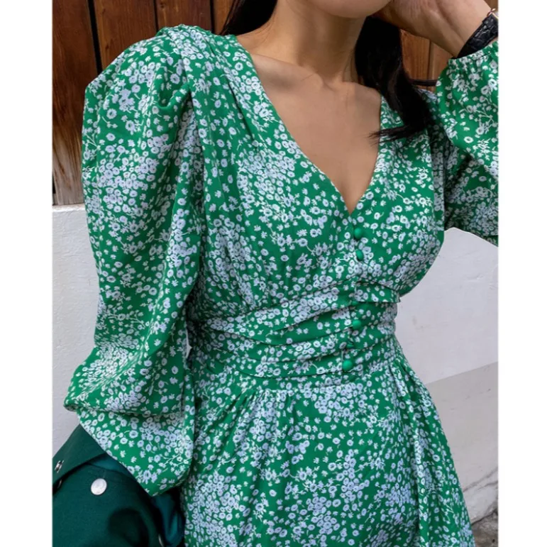 Retro kwiatowy wzór, dekolt w serek, wysoki stan, wyszczuplający, na przerwę na herbatę, elegancki, damski, wiosenny, nowy, styl koreański, swobodny, elegancki.