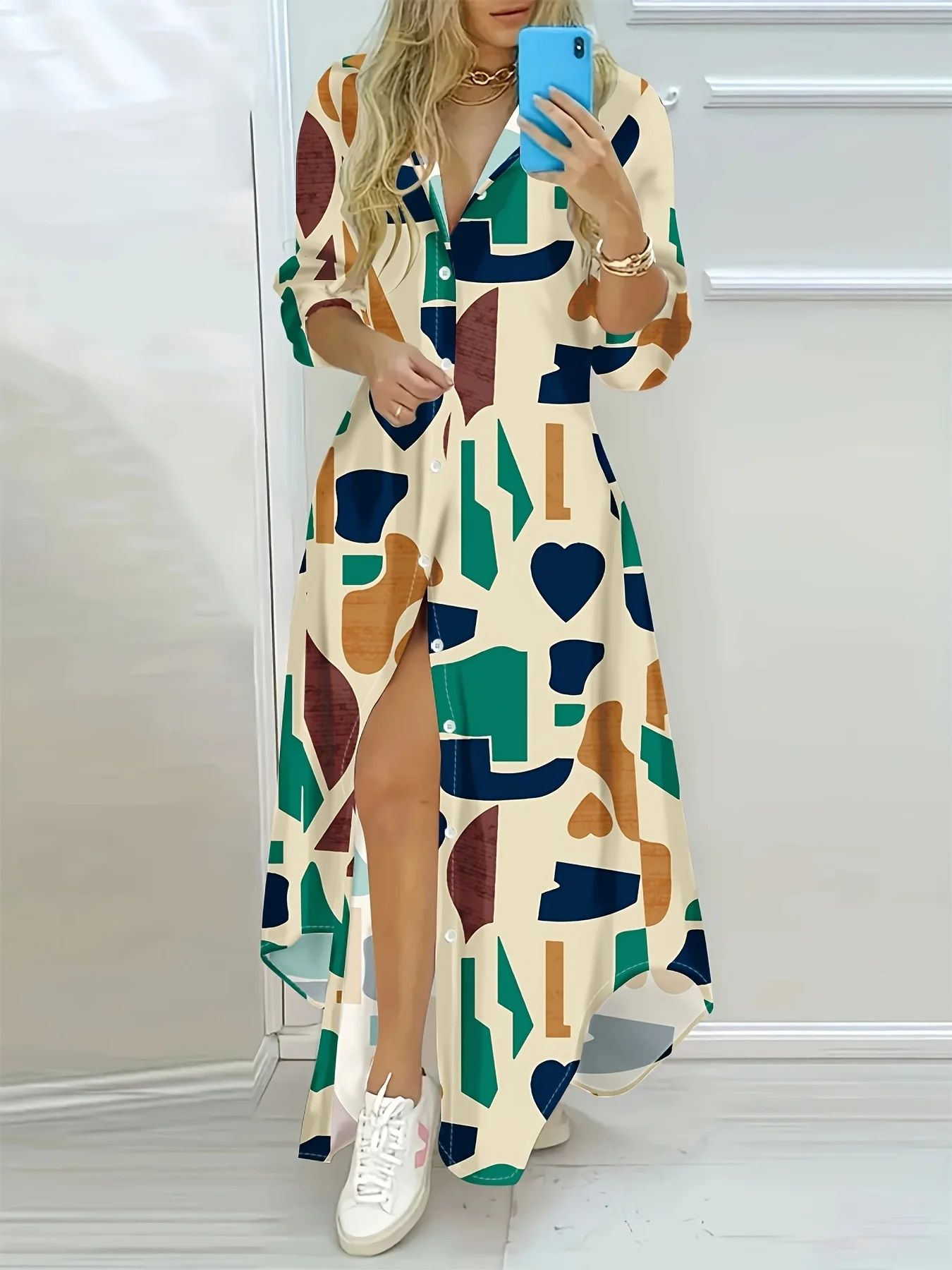 Langärmliges Kleid für Damen im Urlaubsstil, Lässiges Sommerkleid mit Blumenmuster, A-Linien-Midikleid, Leicht und Atmungsaktiv für den Alltag