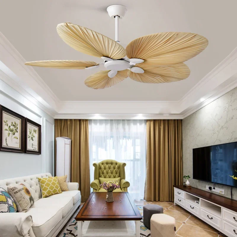 

2025 New High Quality 52inch Factory Price Natural Breeze Palm Leaf Fan Blades 110V 220V Ceiling Fan With Remote Control Living