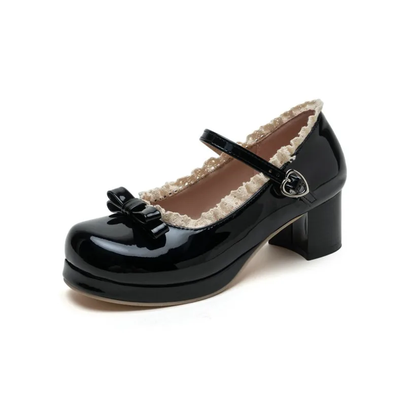 Japanese Cute Ruffle Bow Chunky Heel Platform Lolita Mary Jane Patent Leather Shoes Women High Heels