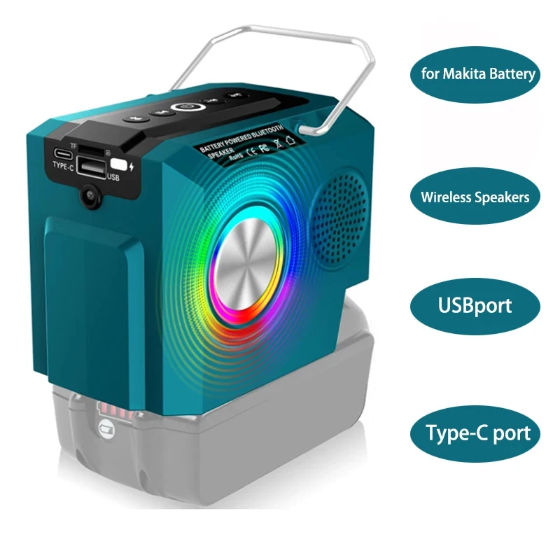 Bluetooth Speaker For Makita 18V Lithium Battery BL1830 BL1830B BL1840 BL1850 Cordless Portable Speaker With USB Type-C Port
