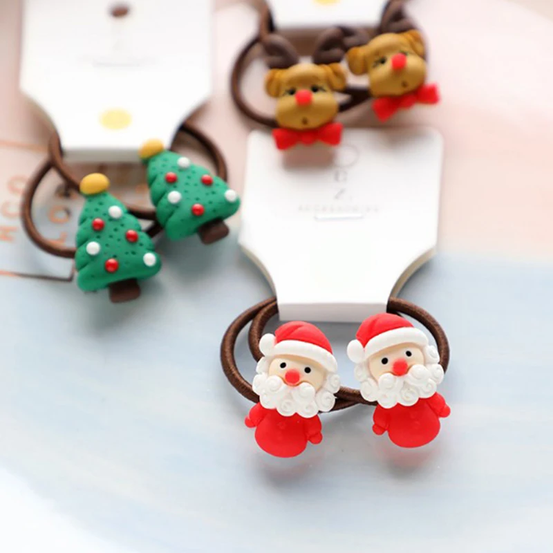 2Pcs Cute Cartoon Christmas Elk Scrunchies Girls Hair Rope Ponytail Holder Elastic Hair Bands Hair Ties Fashion Hair Accessories