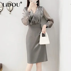 Spring Summer Women's Elegant Fashion Patchwork Mesh Bodycon Dress Lady V-neck Evening Vestido Femme Temperament Robe De Fiesta