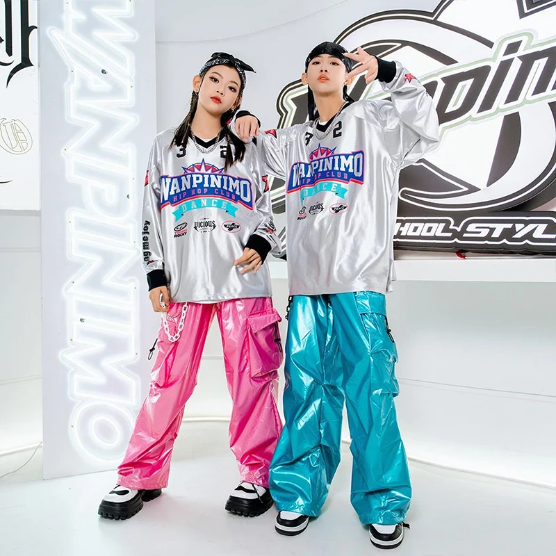 Boys Hip Hop Silver T-shirt Street Dance K-pop Cargo Pants Girls PU Leather Loose Clothes Set Shiny Street Jazz Costume XH1298