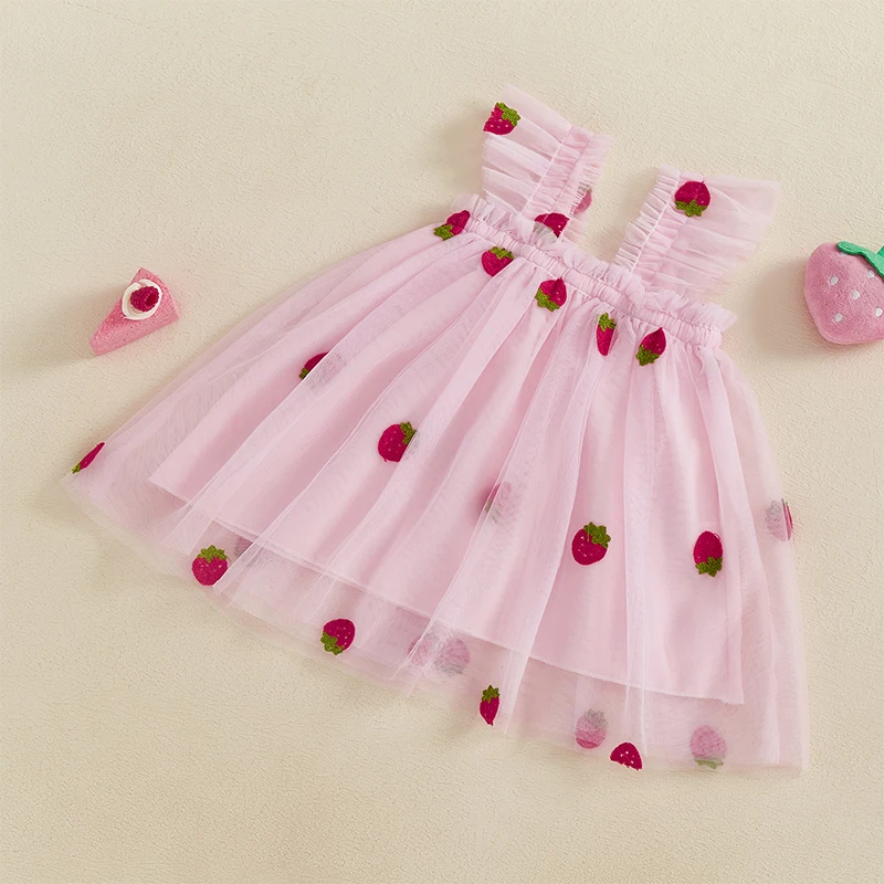 Suefunskry Baby Girl Sweet Tulle Dress Sleeveless Square Neck Fruit Embroidery Mesh Dress Toddler Party Dress