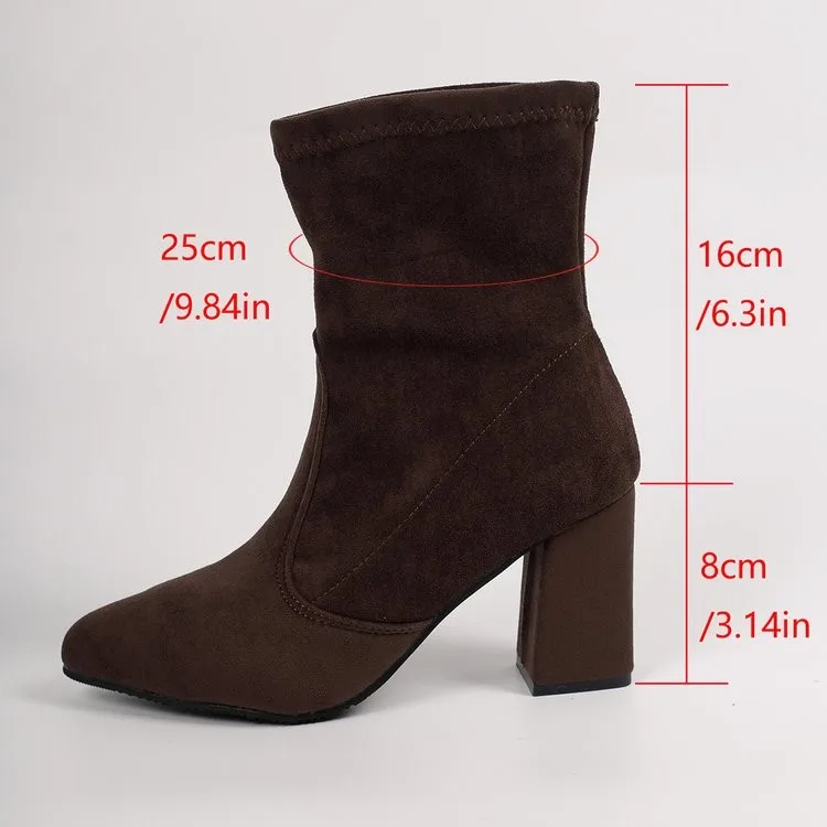 

Minimalist 2026 French Square Toe Block Heel Stretch Skinny Boots Short Heels