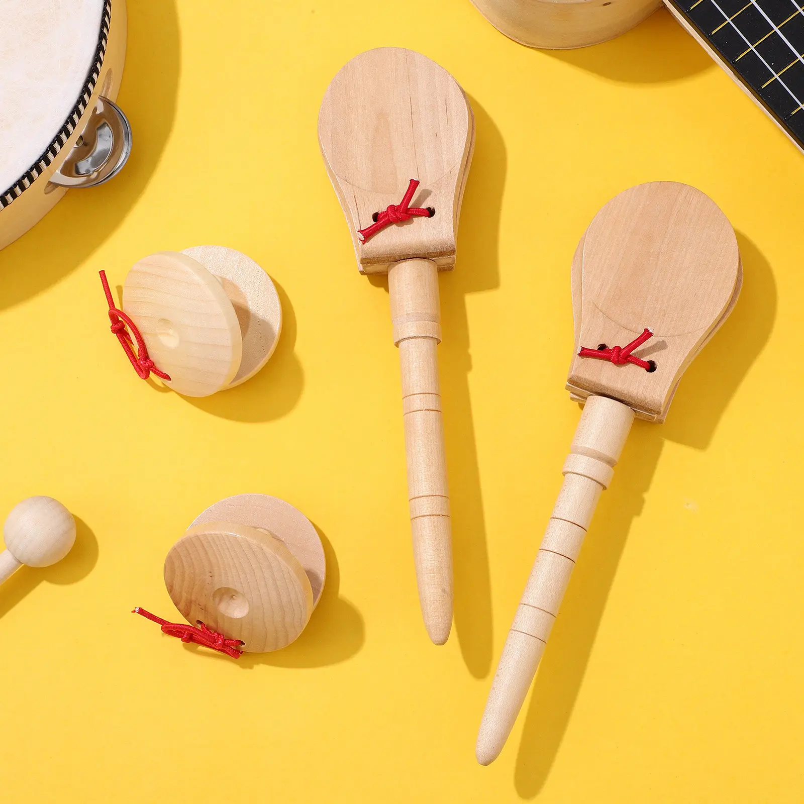Castañuelas de madera, instrumentos de percusión de madera, instrumentos musicales portátiles ligeros para principiantes, práctica preescolar, 4 Uds.