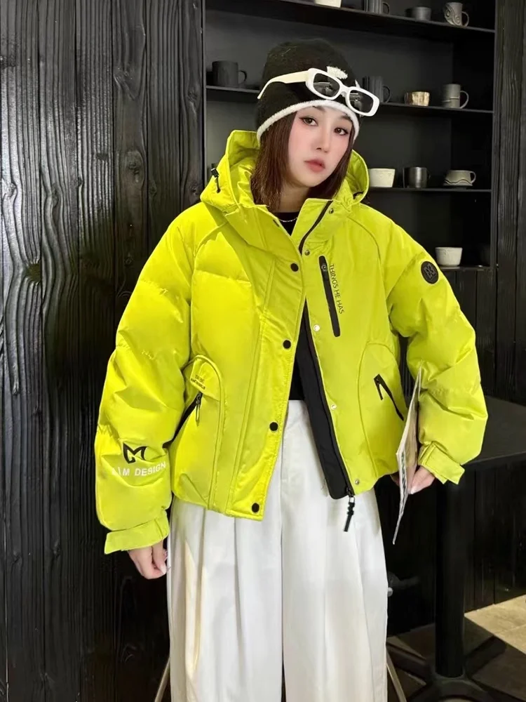 New Women Autumn Winter White Duck Down Coat Printing Short Loose Hooded Coat High Street Warm Puffer Jacket For Women