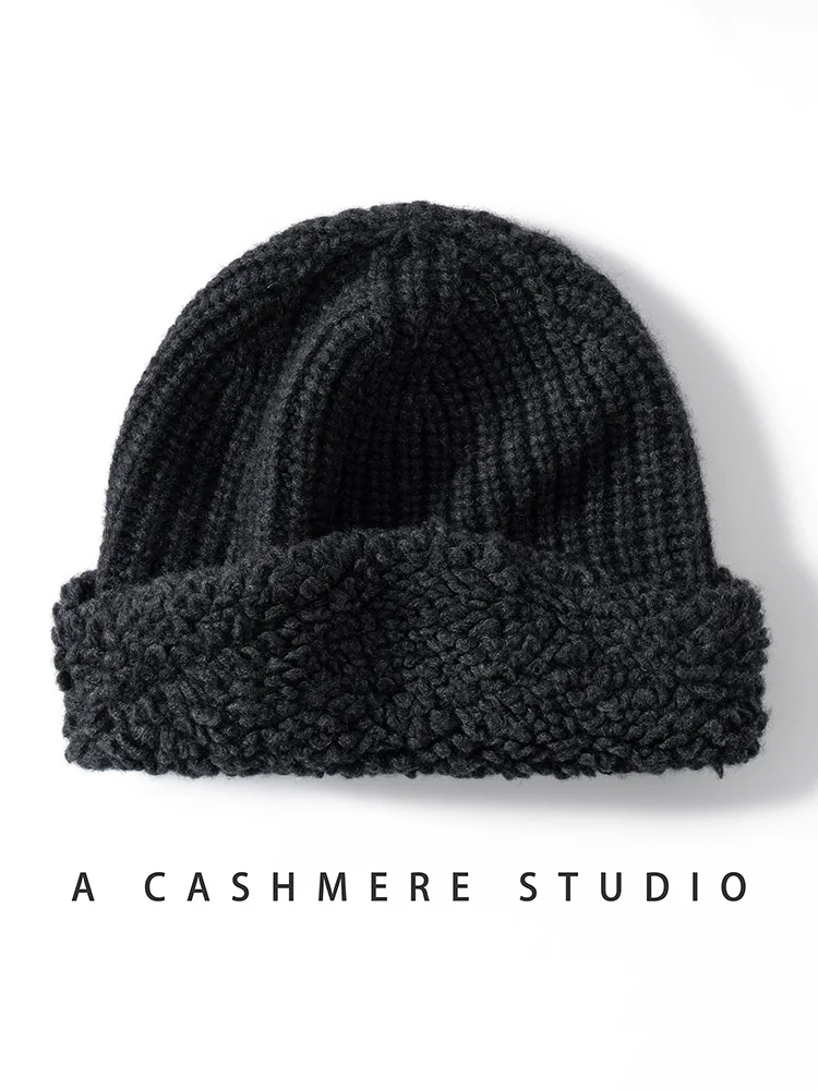 新しい秋冬女性カシミヤ帽子 100% カシミヤケーブルニット帽子ロールタオルエッジ暖かいプルオーバーキャップカジュアルカシミヤトップス