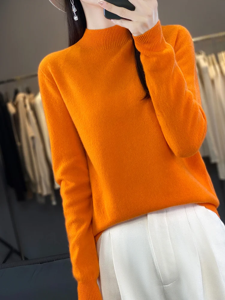 Autumn Winter Women's Basic Mock-neck Pullover Sweater 100% Merino Wool Solid Long Sleeves Cashmere Knitwear Female Clothing