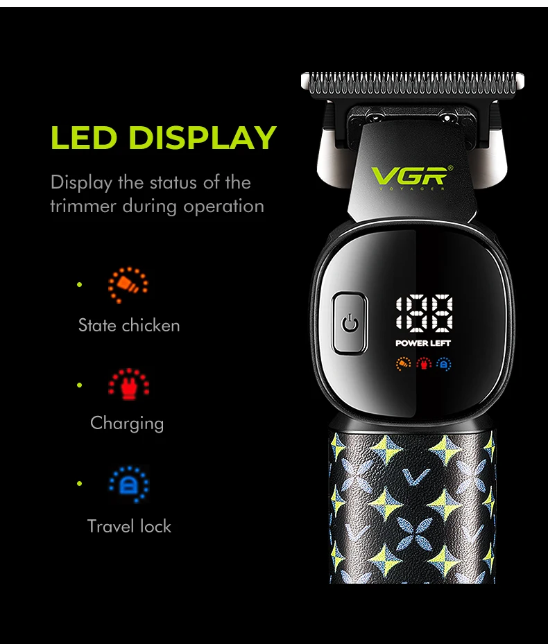 VGR New Hair Clipper LED Intelligent Digital USB Hair Trimmer Ceramic Stainless Steel Blade Professional Electric Push V-185