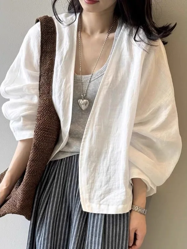 Retro linho branco longo sve irt jaet feminino verão artístico solto fino proteção solar topo v-ne comprimento regular cor