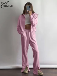 Oymimi Fashion Loose Pink Cotton 2 Piece Sets Women Outfit Elegant Long Sleeve Zip Top With High Waist Slit Pants Set Streetwear