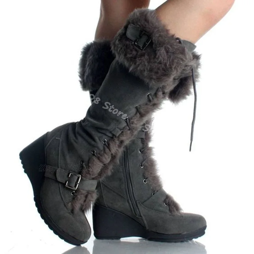 Gray Fur Decor Fleece Flock Boots Round Toe Lace up Wedges Heels Women Shoes British Style Winter Warm Boots Zapatos Para Mujere