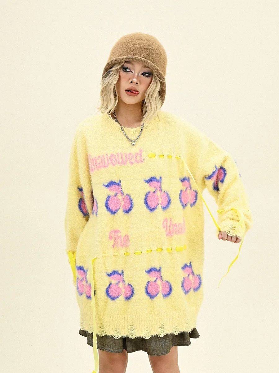 Dopamine Cherry Crew Neck Sweater Women's 2024 Winter New Loose BF American High Street Knitting Tide image 3