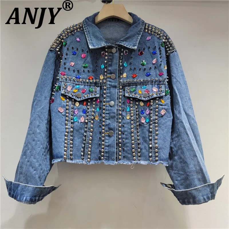

ANJY 2026 Early Spring New Women Fashion Beaded Heavy Embellished Diamonds Denim Jacket Ins Trend Versatile Slimming Coat A17128