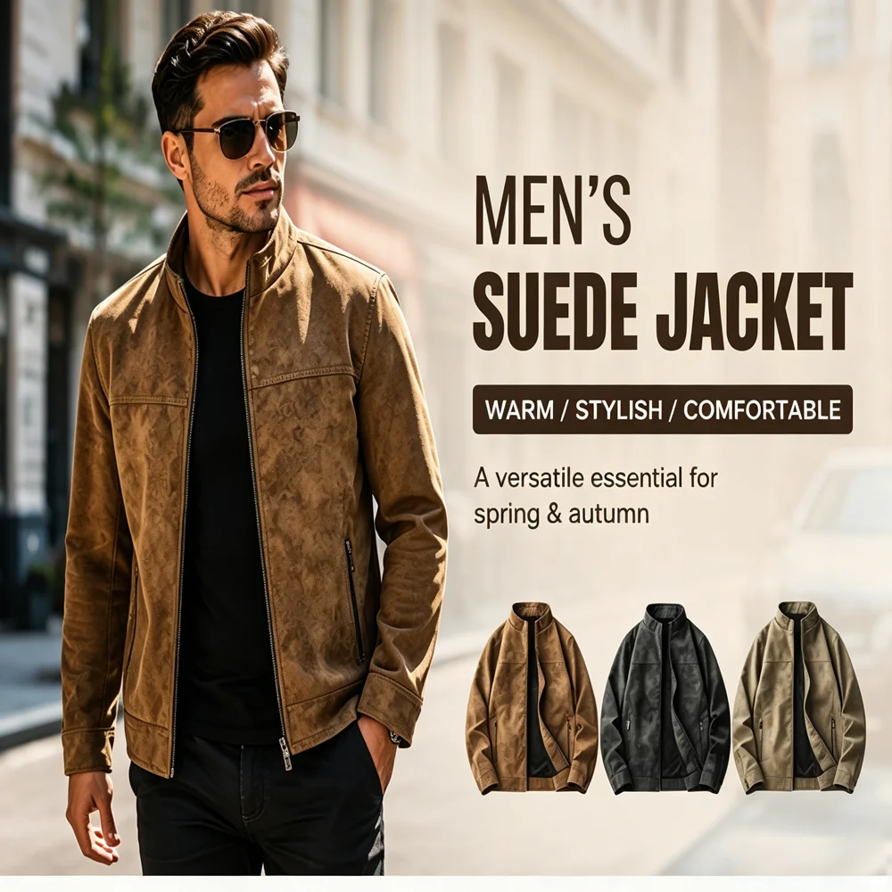 Winter Men's Fleece Lined Faux Suede Leather Jackets Vintage Man Retro Stand Collar Zipper Coats Men Warm Windbreaker Jacket