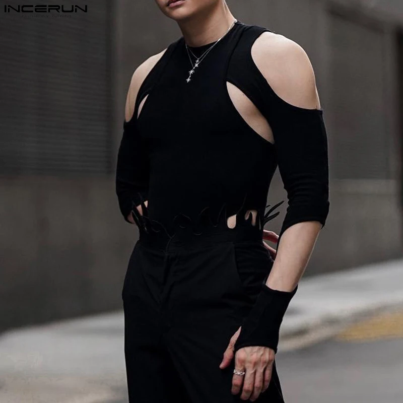 INCERUN 2023 Men Bodysuits Solid Color O-neck Long Sleeve Hollow Out Streetwear Rompers T Shirts Fitness Fashion Men Bodysuit