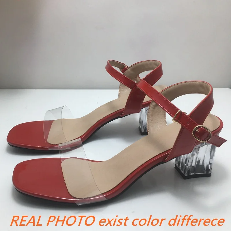 REAVE CAT Women Sandals Peep Toe Chunky Heels Buckle Strap Sexy Female Shoes 32-48 Red Black Concise S3723