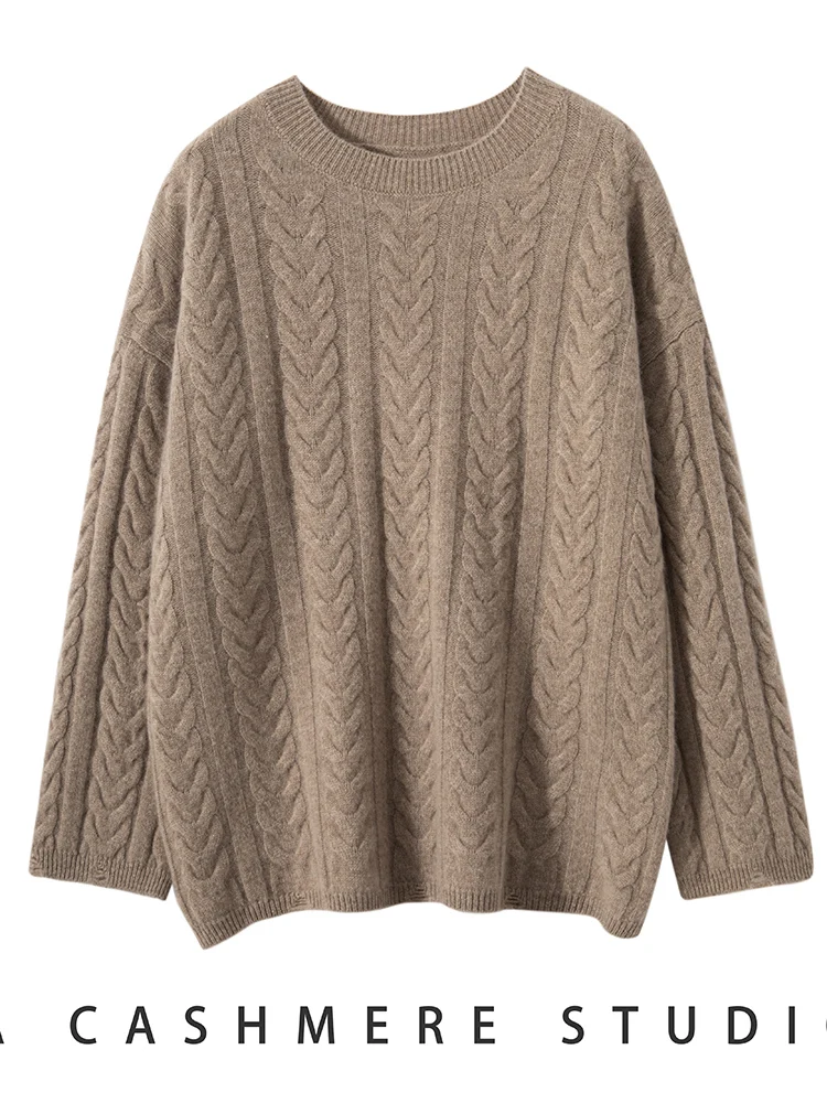 

TLOML Women's 100% Cashmere Sweater Suit O-Neck Cable Knitting Pullover Shorts Pants Spring Autumn Cashmere Knitwear Casual Tops