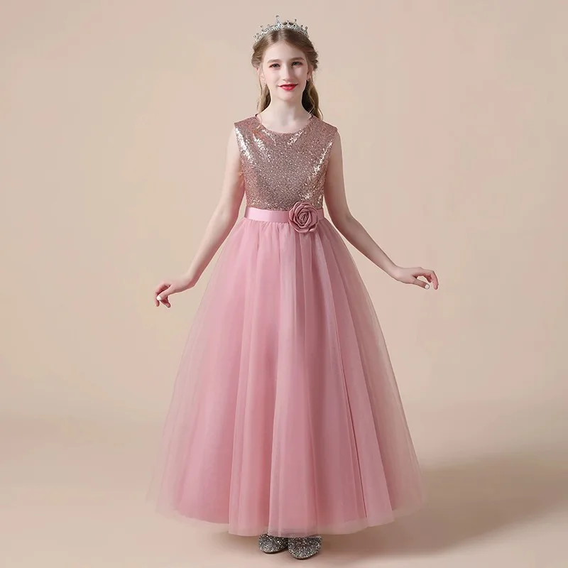 

It's Yiiya индивидуальное платье с цветочным узором для девочек, розовое атласное тюлевое платье с блестками и круглым вырезом, без рукавов, на молнии сзади, трапециевидное платье длиной до пола, детское платье T067