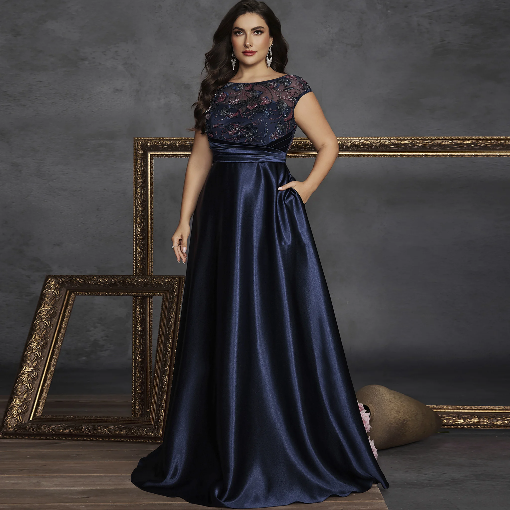 

Rosymae плюс размер классическое платье трапециевидной формы с короткими рукавами и круглым вырезом для выпускного вечера с карманами торжественное вечернее платье для женщин