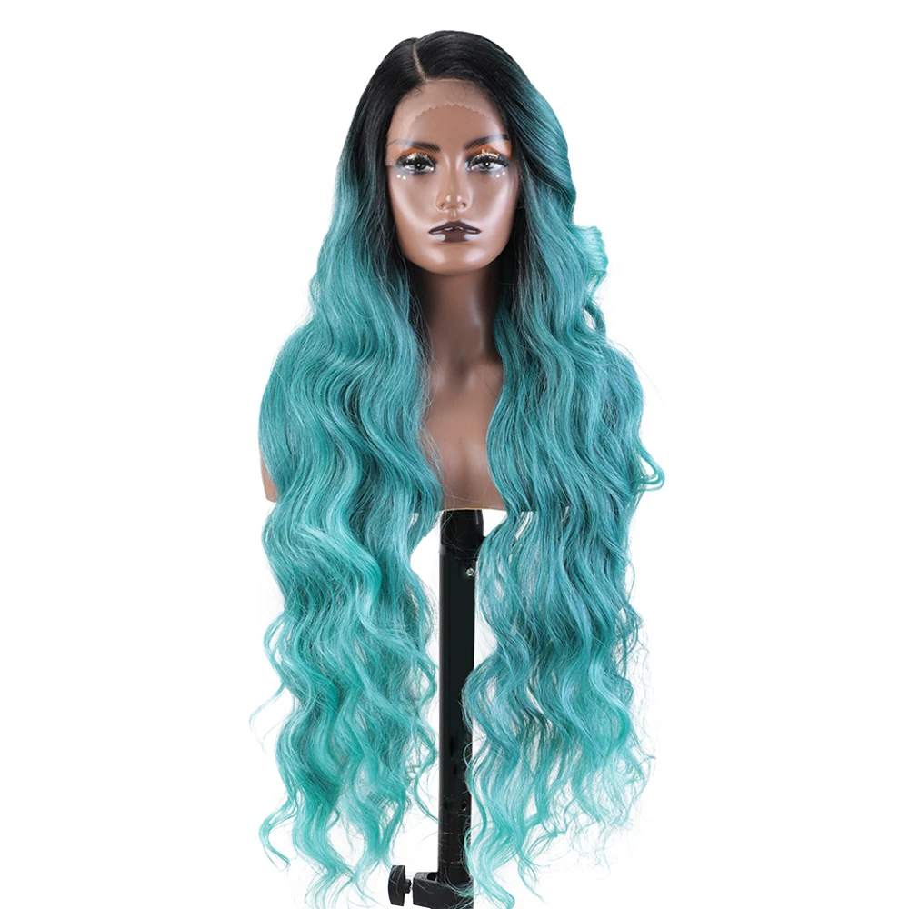 Synthetic Lace Front Wig Ice Blue Green Black Wig Long Wavy 36 \