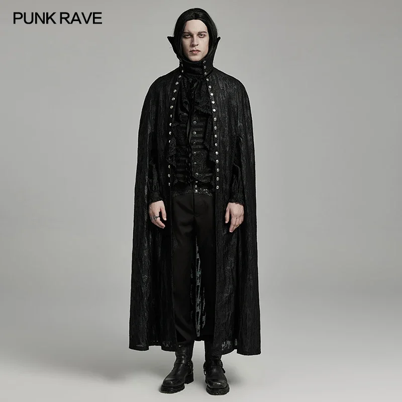 PUNK RAVE Men\'s Gothic Double Breasted Bat Collar Cloak Distressed Textured Party Autumn Detachable Front Ruffle Mens Big Coat