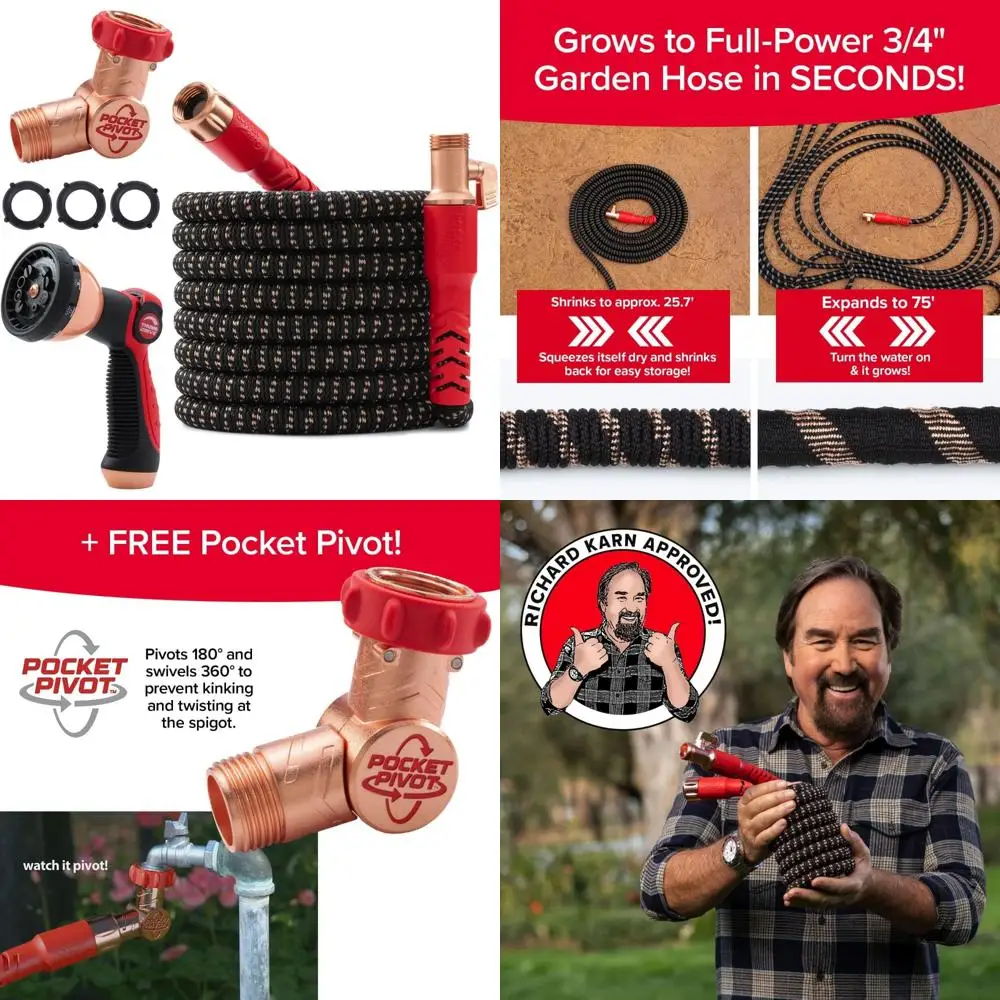 

Расширяемый садовый шланг 75 футов с медной насадкой, устойчивым к ультрафиолетовому излучению и распылителем с 10 узорами, высокое давление 650 фунтов на квадратный дюйм, диаметр 3/4 дюйма,