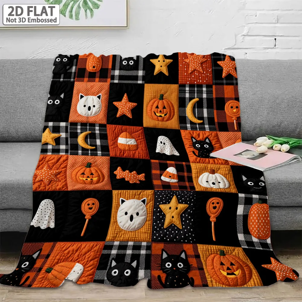 1pc Pumpkin‑Hat‑Cat‑Print Throw Blanket, Decor for Home, Soft Cozy Flannel, Warm Halloween Holiday Gift