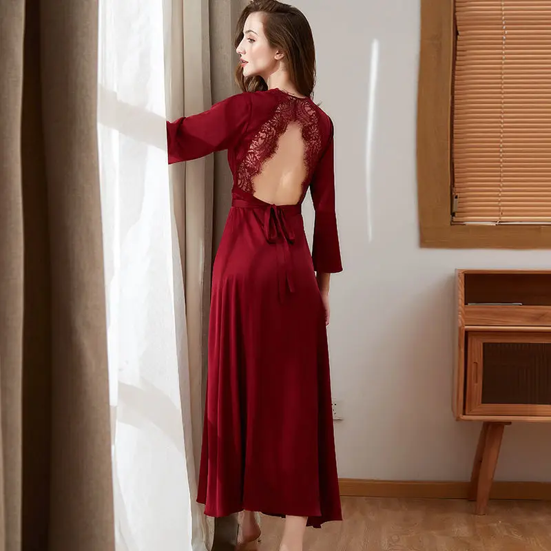 Female Rayon Long Kimono Bathrobe  Backless Lace Bride Wedding Robes Gown Marriage V-Neck Nightgown Sleepwear French Vestidos