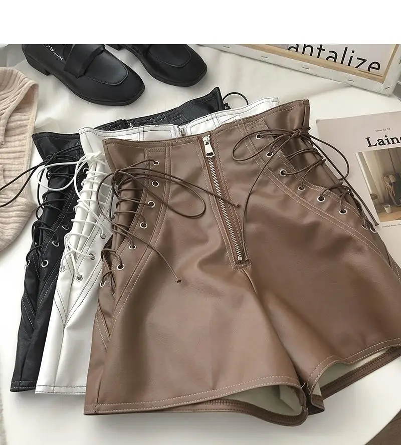 

Women's New Korean Design Zipper Drawstring High Waist Pu Leather Shorts Black White Brown 2023 New