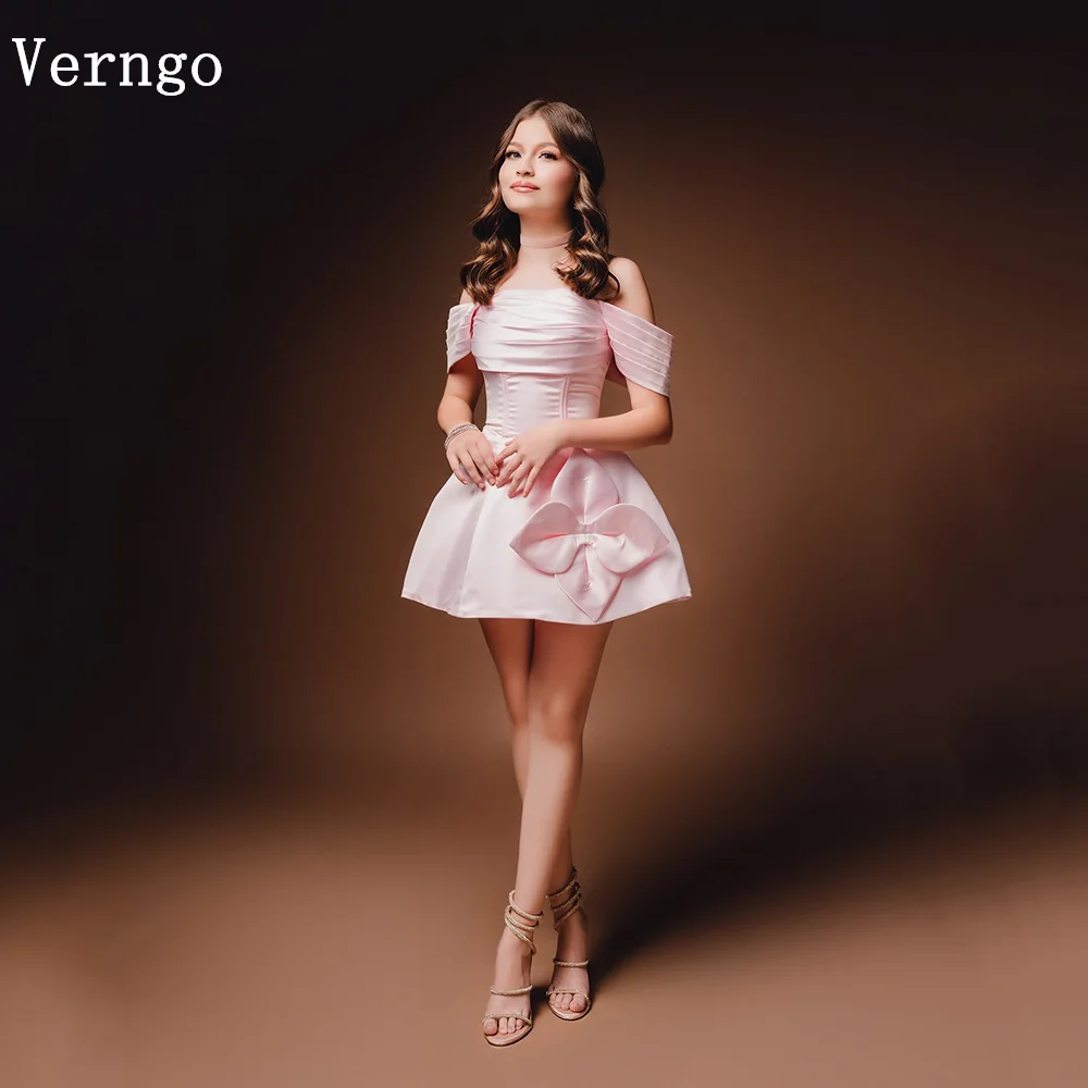 

Verngo Pink Mini Party Dress Off The Shoulder A Line Bow Short Birthday Dresses Elegant Simple Prom Gowns Customized