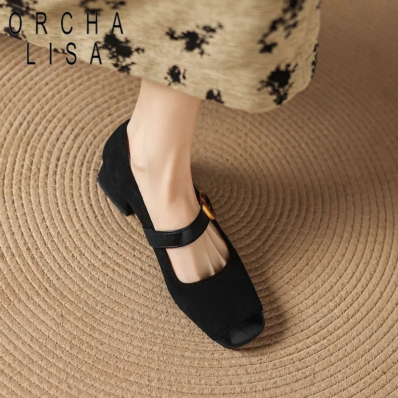 

ORCHALISA Женские туфли-балетки из замши с квадратным носком и ремешком на пряжке, большие размеры 41, 42, 43, мягкие, повседневные, ручной работы